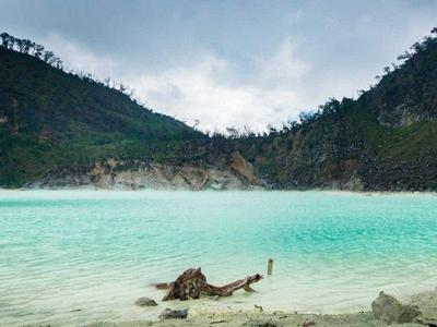 Dead tree beside the white crater lake