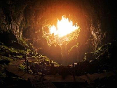 Inside of the fairy cave with light shining in