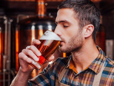 Tourist drinking beer in the brewing factory