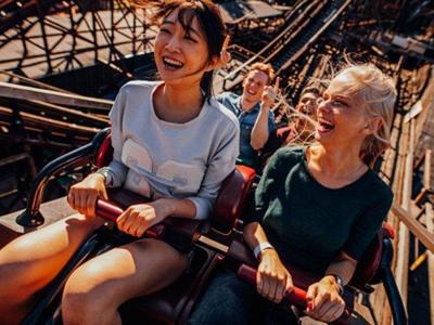 Visitors on a roller coaster at Universal Studios Singapore